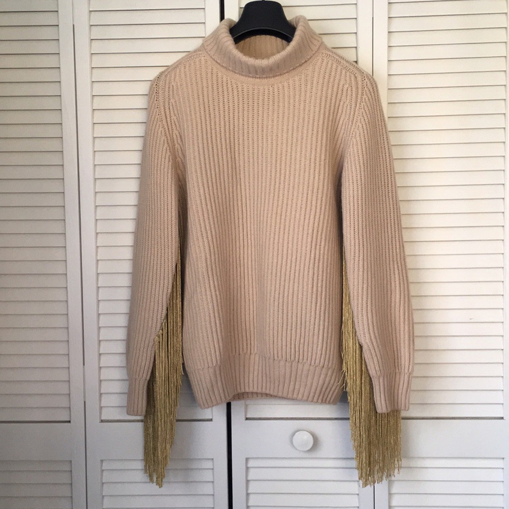 Hillier Bartley Cashmere Fringe Oversized Turtleneck Sweater Cream Gold S / M - Picture 2 of 16